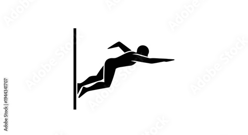 Swimmer Pushing Off Wall, Freestyle Stroke, Sports Icon, Black Silhouette on White
