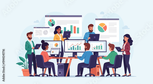 Diverse team collaborating in modern office with data analytics charts