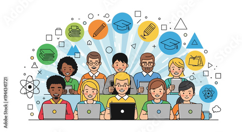 Diverse group of students learning online with laptops and educational icons