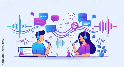 Podcast Recording: Man and Woman Interviewing with Microphones and Soundwaves