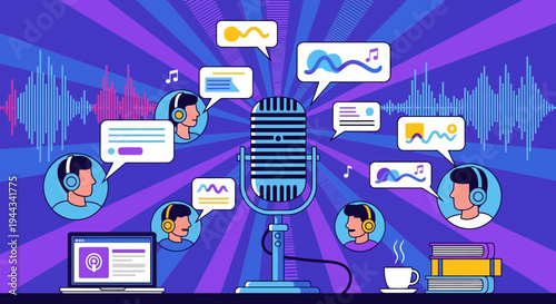 Podcast Recording Studio Live Streaming Audio Broadcasting Concept