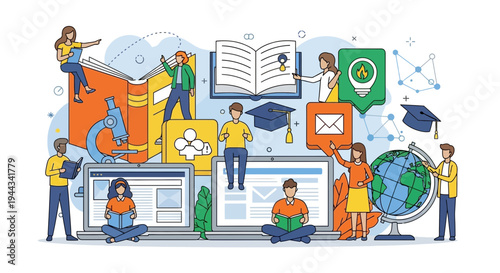 Online Education Concept - People Learning Digital Concepts with Books and Laptops