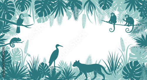 Jungle Animals and Tropical Leaves Silhouette Frame, Exotic Wildlife Border