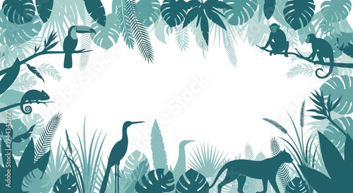 Jungle Animals and Tropical Plants Frame, Exotic Wildlife Border