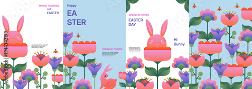 Cute Happy Easter Day Bunny and Spring Tulip Floral Illustration for Greeting Card Poster Postcard Children Invitation Banner and Festive Seasonal Background Vector Design