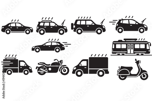 Transportation and Vehicle Icon Set Black Silhouette Car Truck Motorcycle and Bus Vectors