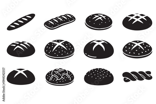 Bakery Bread Icon Set Black Silhouette Baguette Loaf and Buns Vector Illustrations