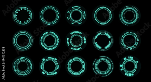 Futuristic HUD Elements: Glowing Cyan Sci-Fi Circular Interfaces on Black Background