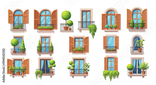 Collection of charming balconies and windows with plants and shutters