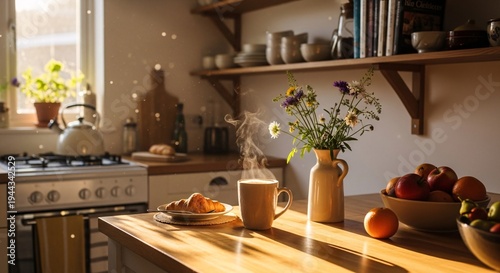 Bright and tranquil kitchen interior bathed in golden sunlight, creating an inviting atmosphere for a slow morning breakfast with natural light and homemade comfort