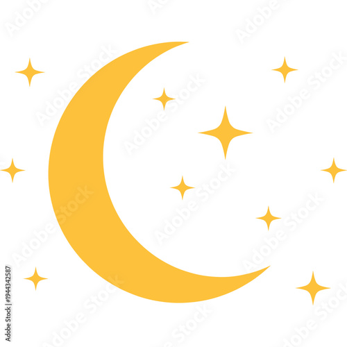 Golden crescent moon glows with stars in a night sky scene.