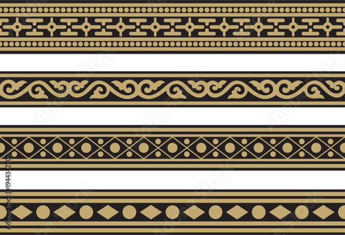 Vector endless gold and black ancient Russian ornament. Seamless Slavic border, frame. Painting of the royal chambers.