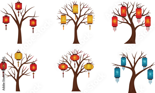 Vector illustration of leafless trees decorated with colorful lanterns for festive, cultural, and seasonal artwork