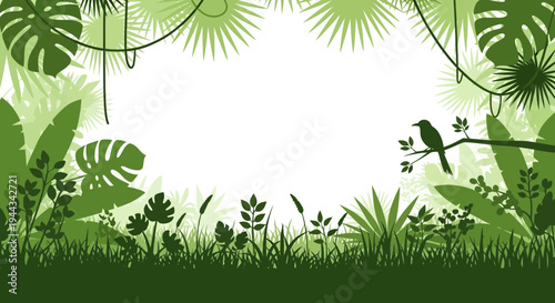 Jungle Frame with Bird Silhouette - Tropical Forest Border