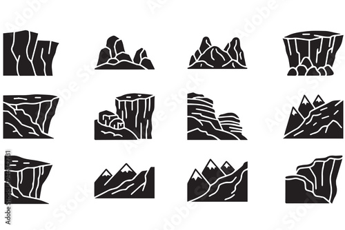 Mountain Cliff and Rock Icon Set, Nature Landscape Silhouette Vector