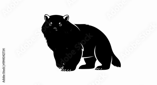 Black stylized bear with pointed ears and sharp claws stands facing forward