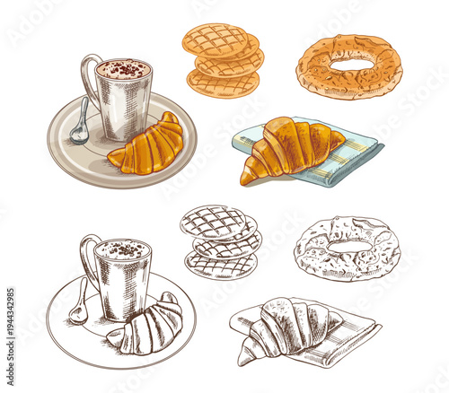 Hand drawn vintage bakery breakfast pastry set with croissant coffee cup cookies bagel food illustration collection