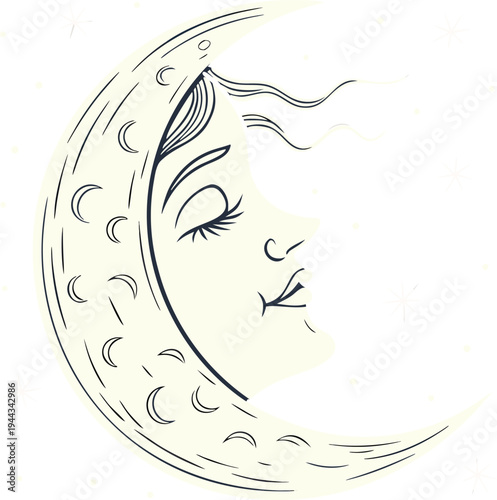 Vector illustration of moon face with closed eyes