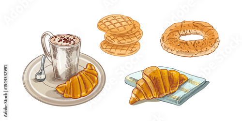Hand drawn vintage bakery pastry set with croissant coffee cup cookies bagel breakfast food illustration collection