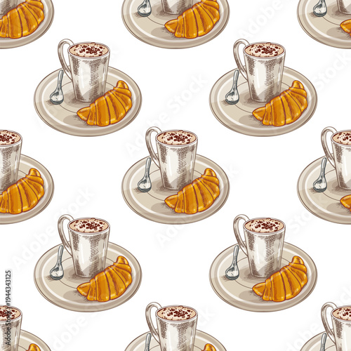 Hand drawn vintage seamless pattern with coffee cup croissant dessert breakfast plate spoon bakery illustration
