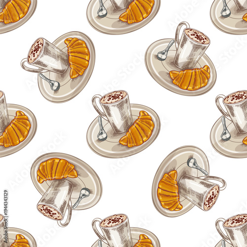 Hand drawn vintage seamless pattern with coffee cup croissant dessert breakfast plate spoon bakery illustration