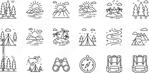 Outdoor Adventure and Nature Travel Line Icon Set Featuring Camping Tent, Mountains, Forest, River, Island, Compass, Backpack, and Hiking Exploration Symbols