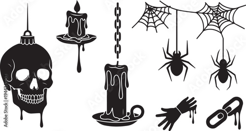 Halloween icons including skulls, spiders, and candles hanging together
