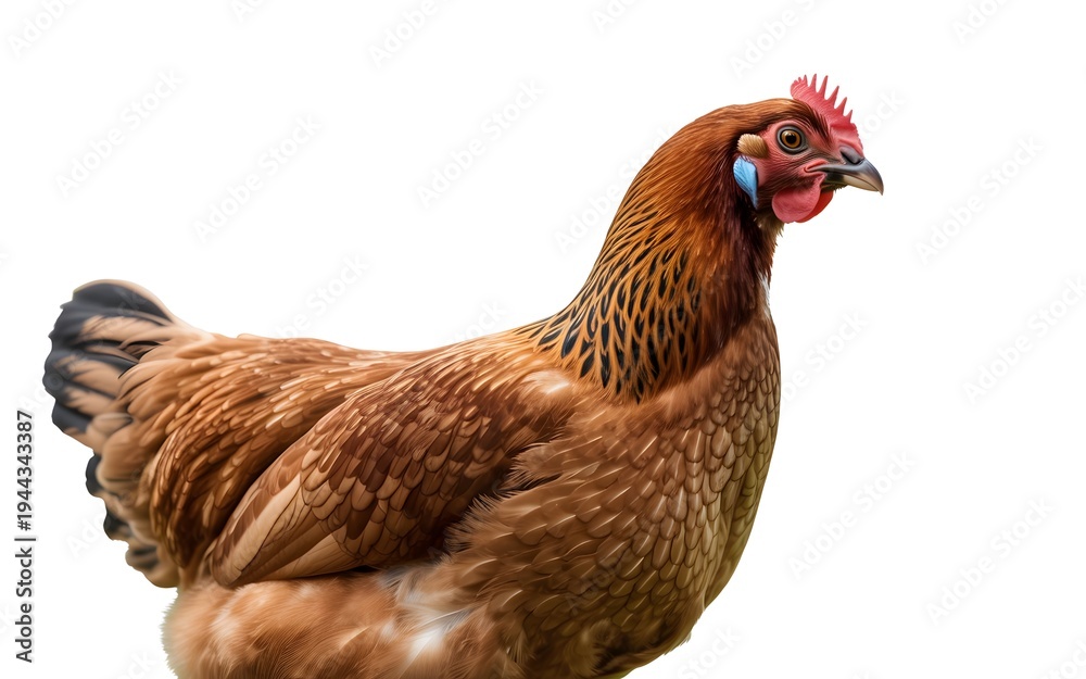 Fototapeta premium A brown chicken standing alone on a white background looking sideways