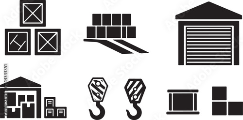 Logistics and shipping icons in black and white color