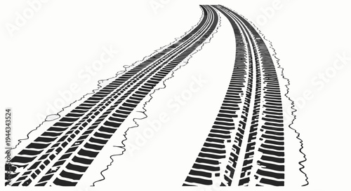 Black tire tracks curve through a white background, suggesting a road