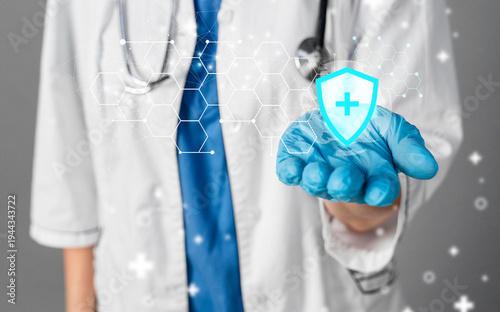 Healthcare interacting with digital medical mask gloves hexagons