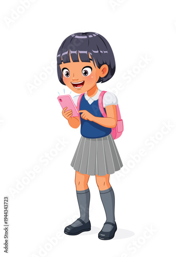 Happy young Asian school girl looking excitedly at her mobile phone. Cartoon vector illustration.