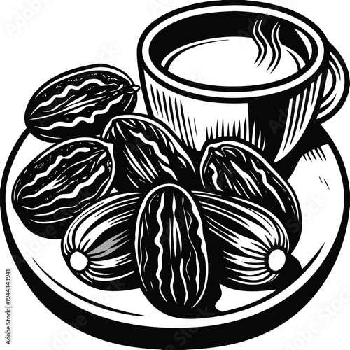Vector illustration of coffee cup with walnuts on plate, black and white
