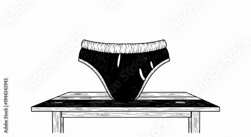 Black underwear with a ribbed waistband rests on a wooden surface