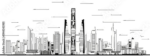 Black and white sketch of a sprawling, modern city skyline with varied skyscraper heights and cloud-like shapes