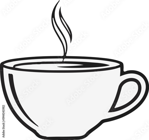 Black and white illustration of a steaming hot beverage in a cup