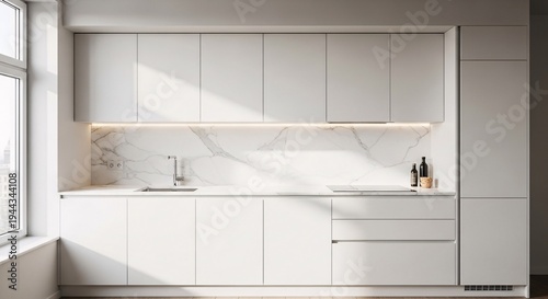 Modern and minimalist white kitchen interior design featuring sleek cabinetry, a natural marble backsplash, and warm under-cabinet lighting, creating a bright and functional living space