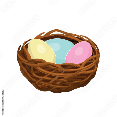 Simple illustration of a bird nest with colorful Easter eggs. Minimal spring holiday design isolated on light background.