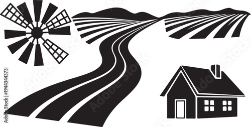 Simple black and white rural landscape with windmill house