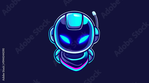 Cartoon robot character with glowing eyes and antenna on dark background