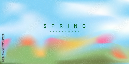 Blurred spring flower field background with gradient ethereal effect. Red, pink and yellow blooms and subtle grainy texture.