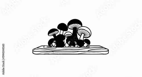 Black and white illustration of a cluster of mushrooms on a wooden surface