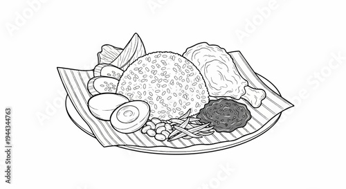 Black and white illustration of a delicious meal served on a banana leaf