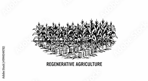 Black and white illustration of a dense cornfield with stalks and leaves, text below