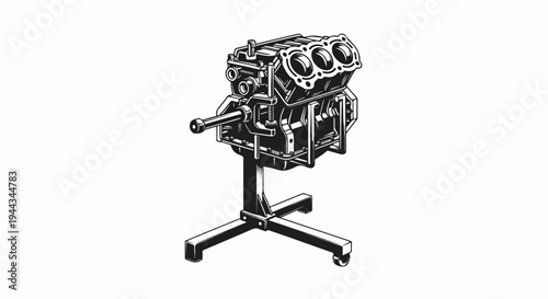 Black and white illustration of a detailed engine on a stand