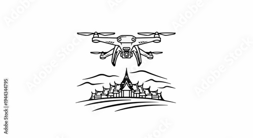 Black and white illustration of a drone flying above traditional Asian architecture