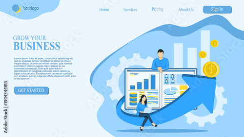 Vector landing page template with illustration of start up growth business dashboard analysis
