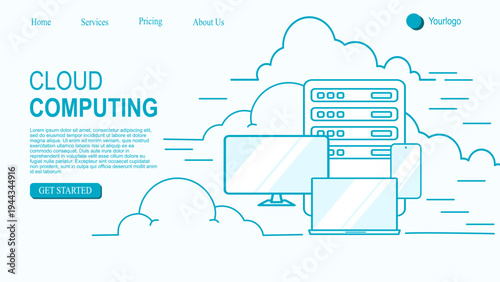 Vector landing page or banner template with illustration of cloud server connected to various devices, Cloud Computing Network concept