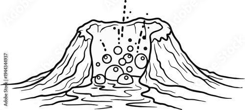 Black and white illustration of a geyser erupting water and bubbles
