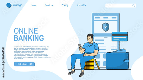 Vector landing page or banner template with Online Banking Mobile App illustration